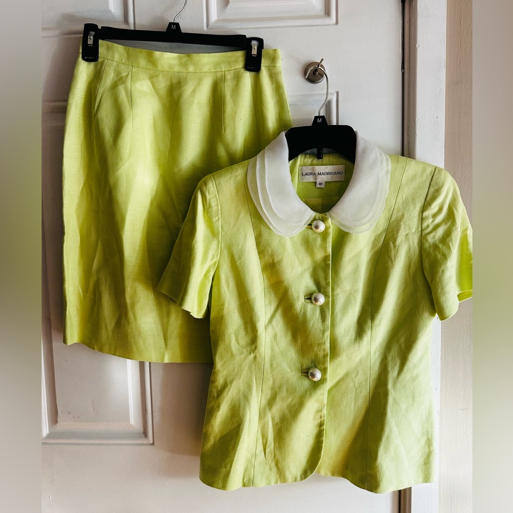 Laura Madrigano VINTAGE lime green suit Jackie O Vibes Sz 6p 100% linen